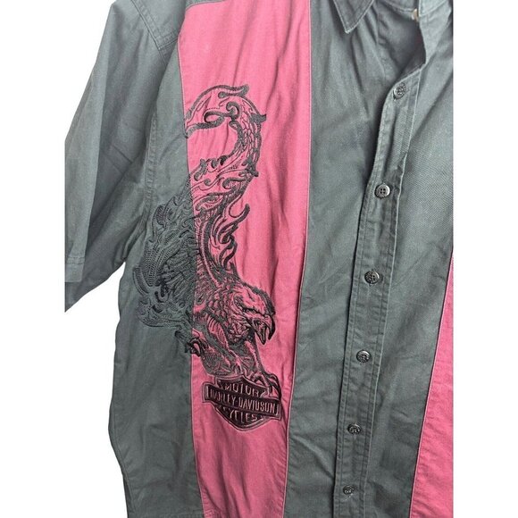 Harley Davidson Retro Stripe Embroidered Eagle Biker Button Shirt Red Black Sz L - Picture 3 of 6